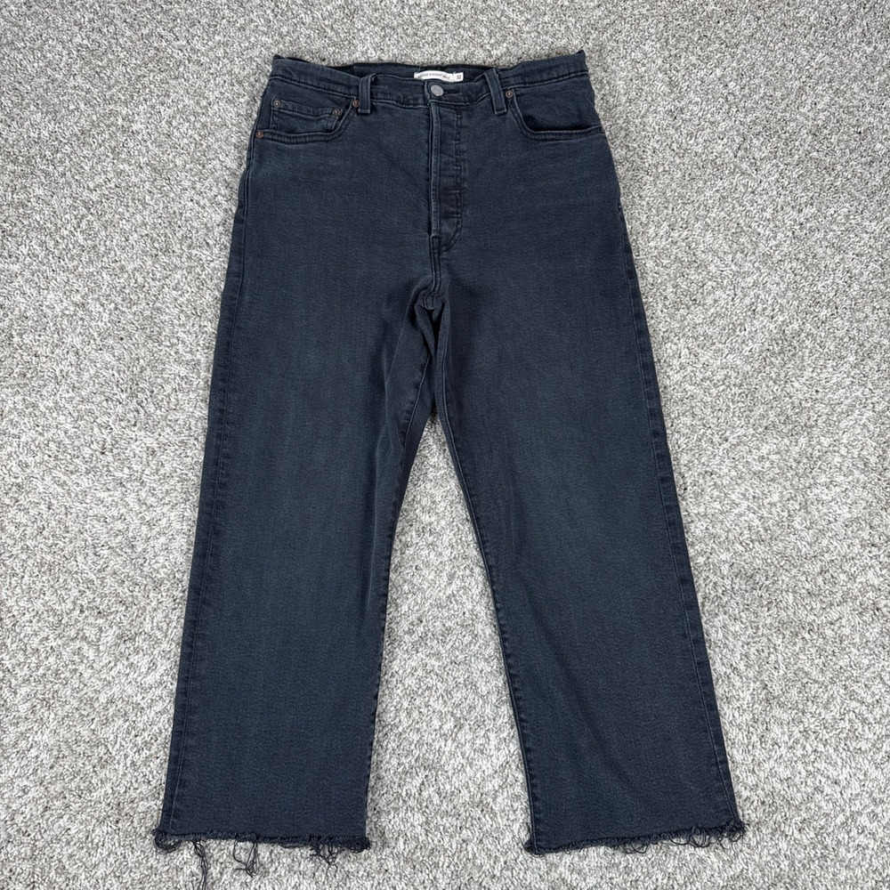 Levis Jeans Womens 32 Black Ribcage Straight Ankle Denim High Rise Raw Hem